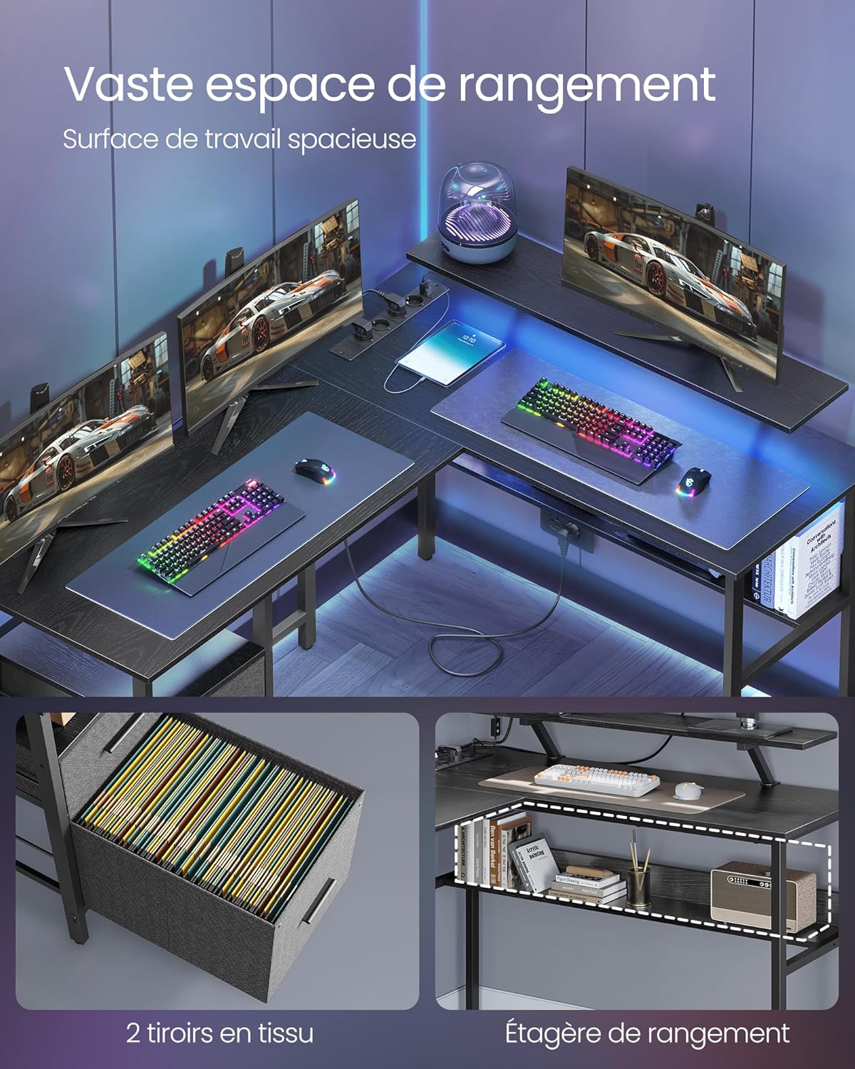 VASAGLE Birou in forma de L, suport monitor, raft si 2 sertare, 4 prize si 2 USB, 120x150x76 cm, negru