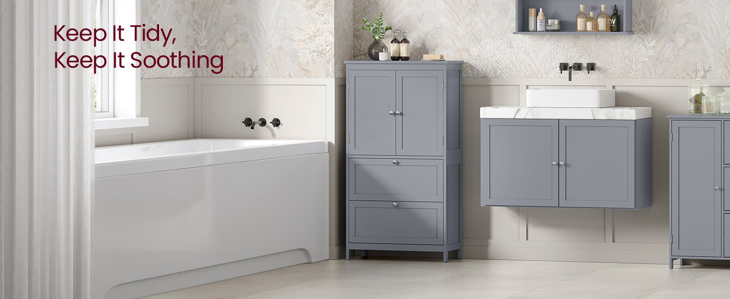 VASAGLE Dulap de baie, din MDF, cu 2 sertare si 2 usi, raft reglabil, 30x60x110cm, gri