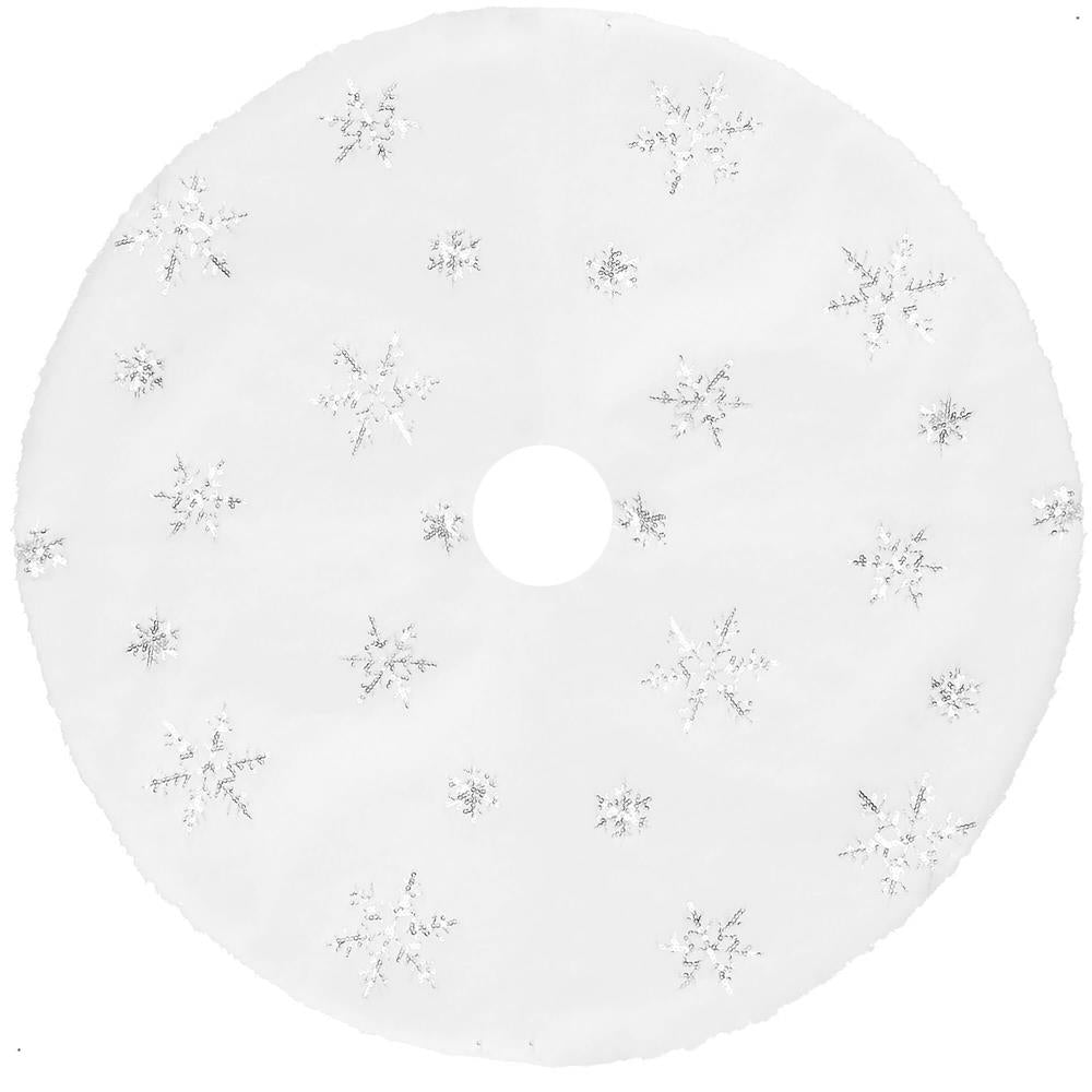 Covoras de pus sub bradul de Craciun, 90 cm, imitatie blana alba cu paiete argintii