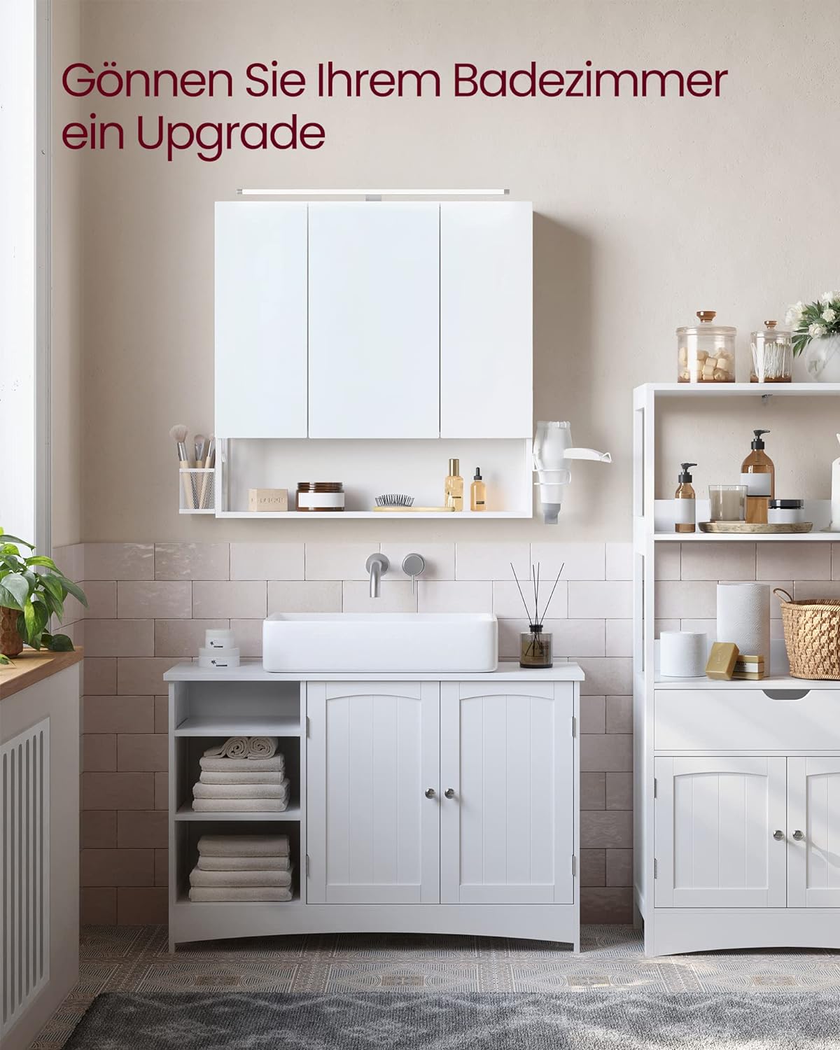 VASAGLE Dulap de baie de perete, 3 usi cu oglinda, compartiment deschis, 15x70x70cm, alb