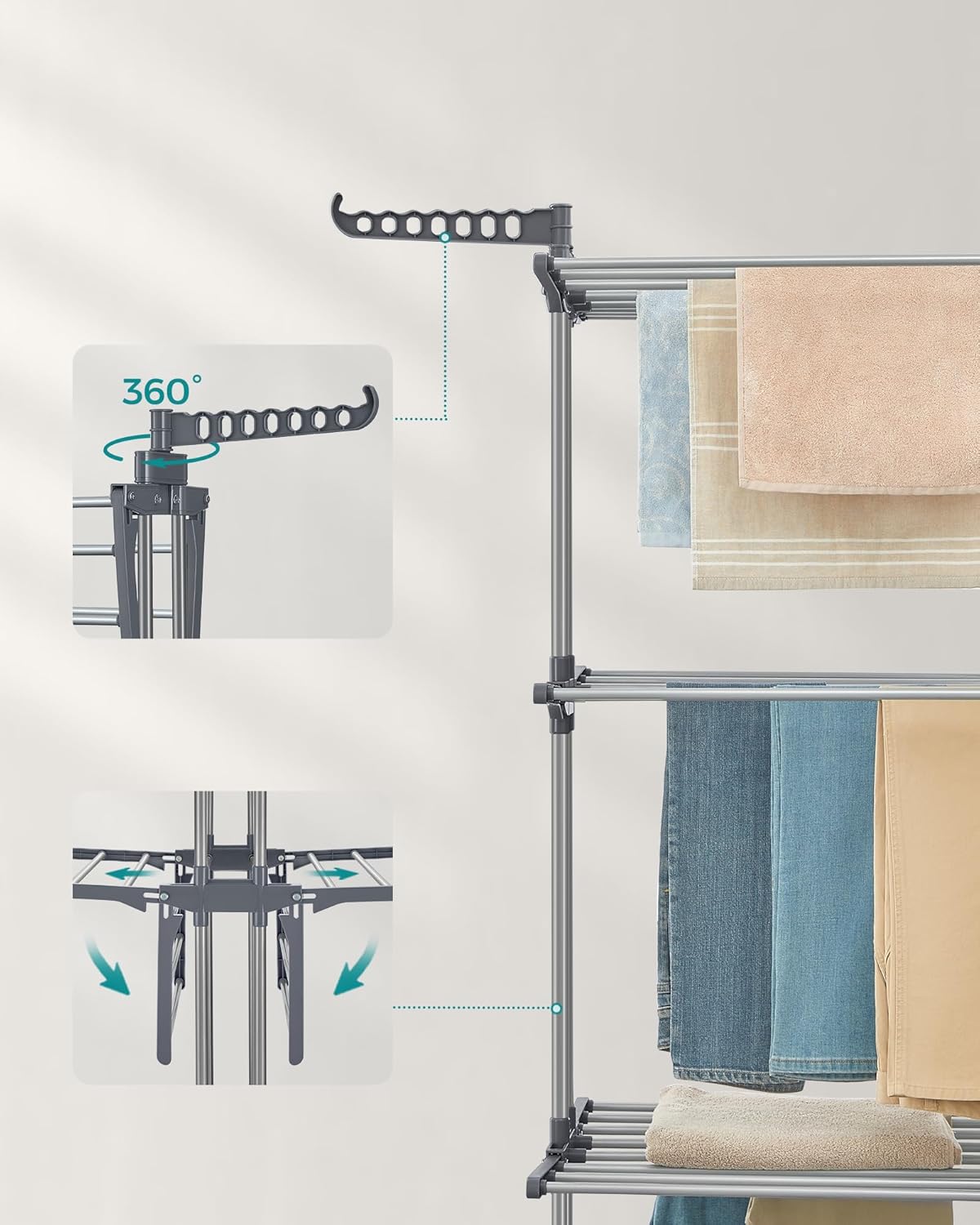 SONGMICS Uscator vertical pentru rufe, mobil si pliabil, cu doua umerase, 64x126x172 cm, sarcina 35kg