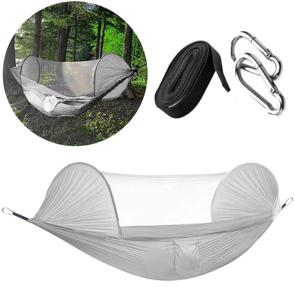 Hamac dublu din material parasuta 140x260cm, cu plasa de tantari si geanta transport, gri