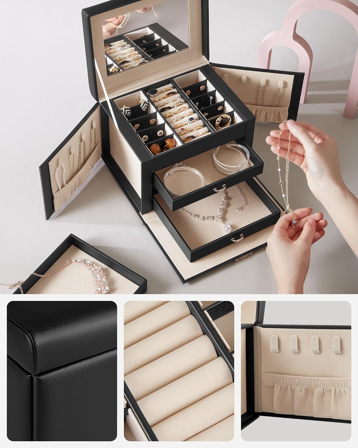 SONGMICS Cutie de bijuterii cu 4 nivele, 3 sertare, oglinda si incuietoare, 18x23x17cm, negru