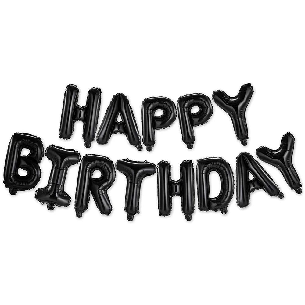 Set 46 baloane si decoratiuni, Happy Birthday, incluse fata de masa si perdea negru auriu