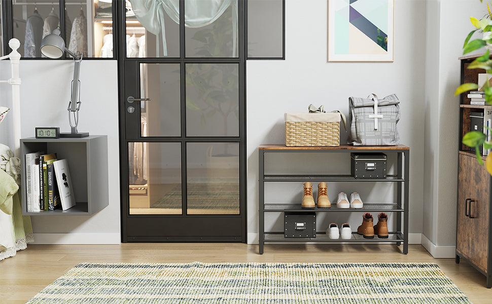 VASAGLE Raft pentru pantofi cu 3 polite, 100x30x72cm, otel, stil industrial, maro rustic si negru