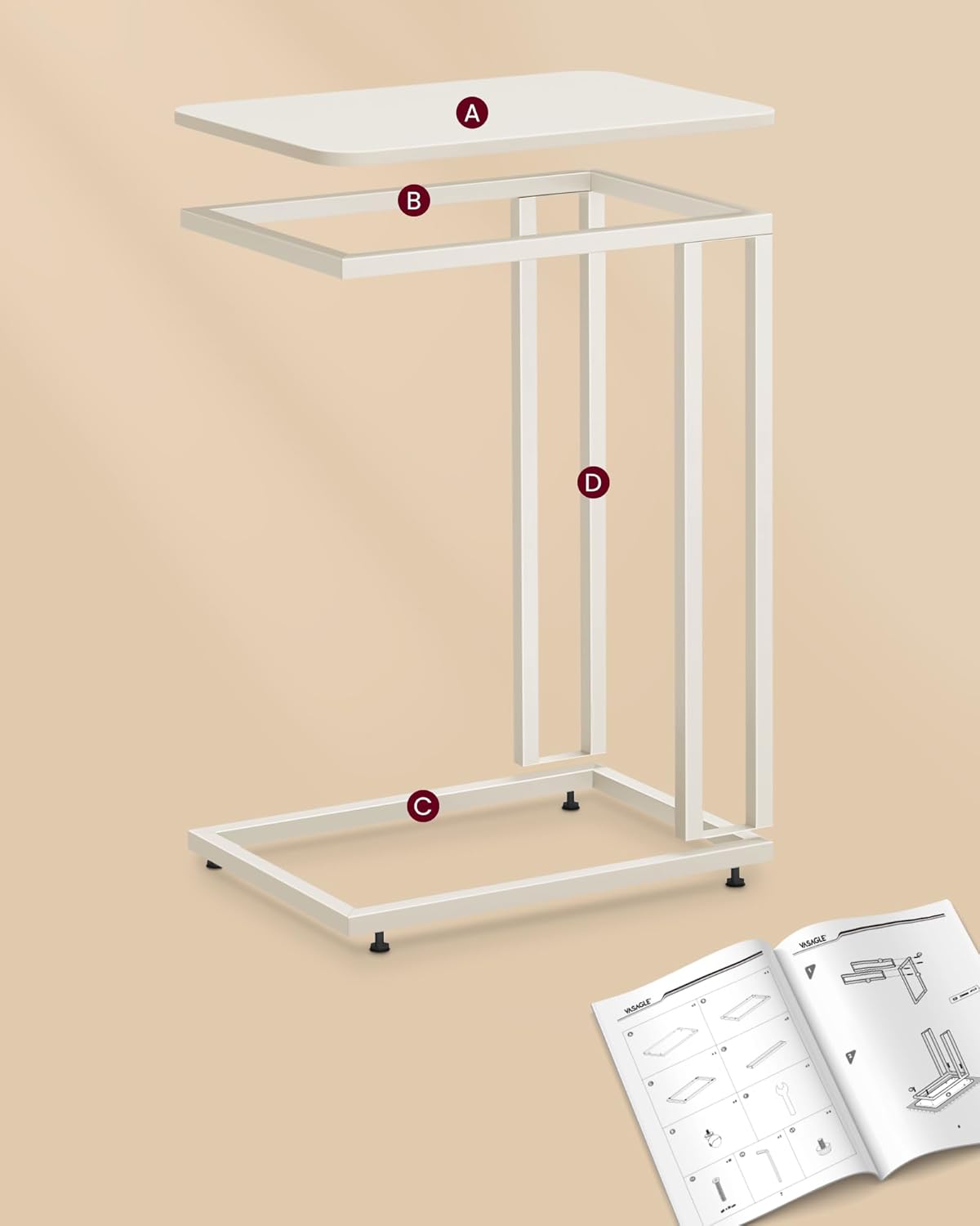 VASAGLE Masuta de cafea, cu cadru de otel si roti, stil industrial, 35x50x60 cm, crem