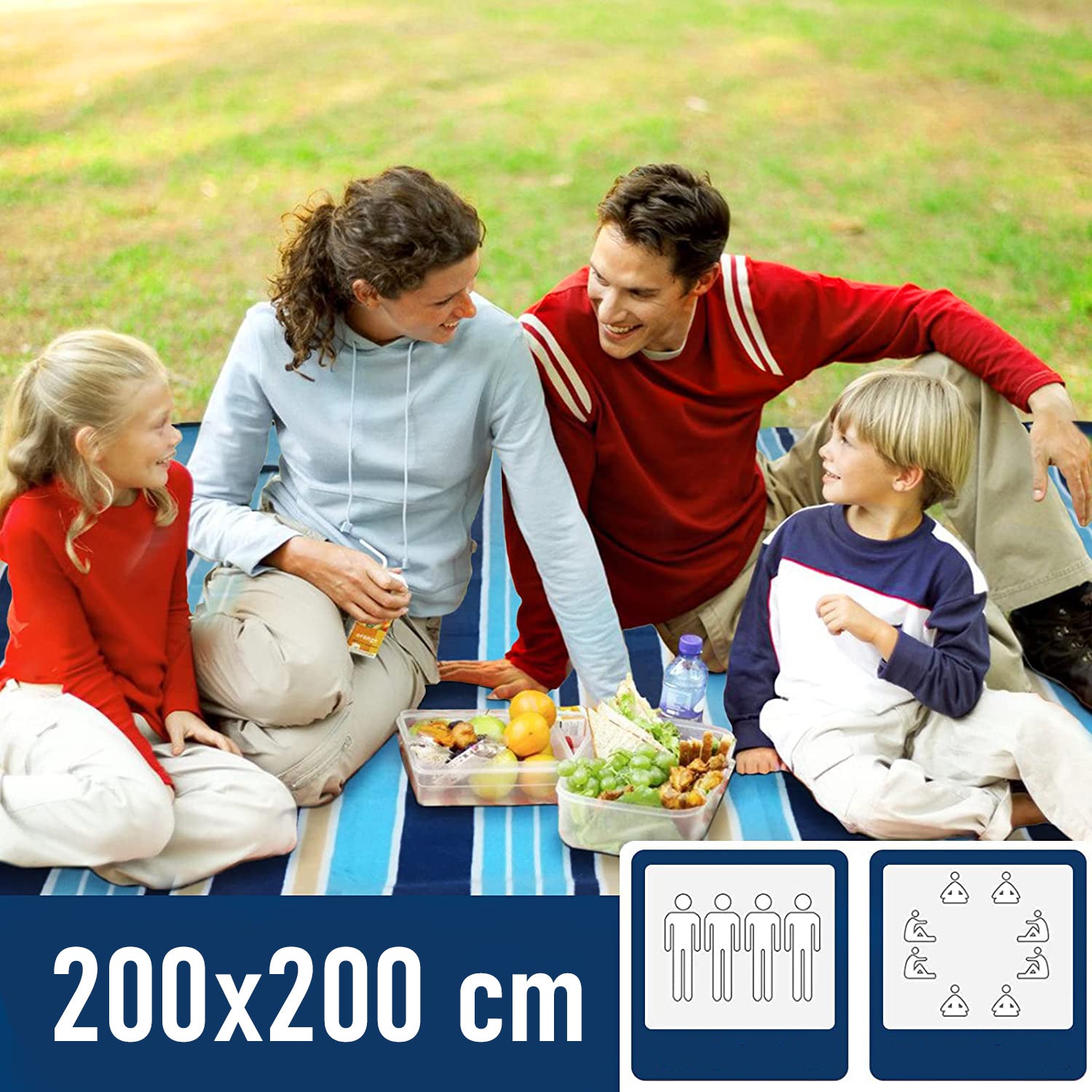 Patura pentru picnic sau plaja, cu folie izolatoare si maner, 200x200cm, alb albastru