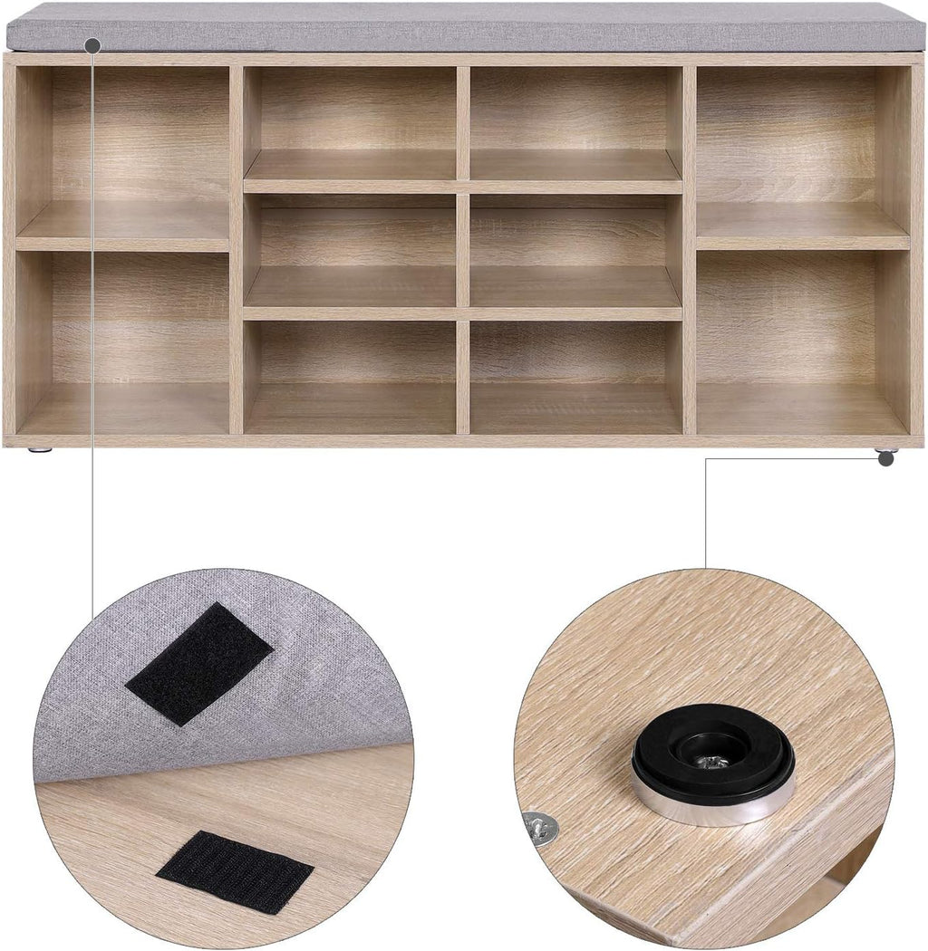 VASAGLE Banca pentru hol cu suport pentru pantofi, 10 compartimente, cu perna, 104x48x30cm, stejar