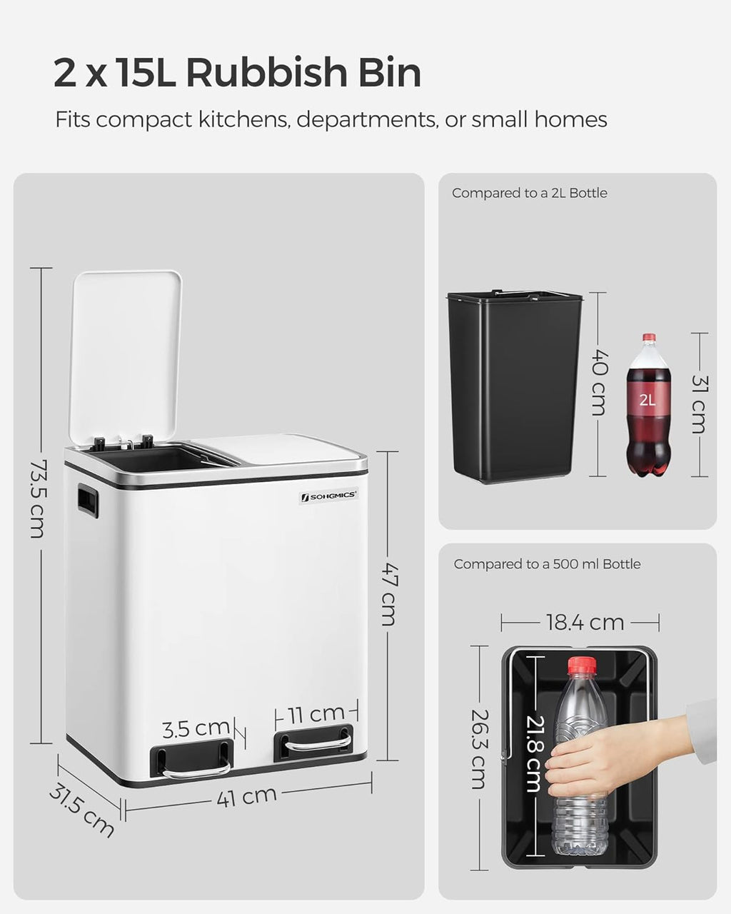 SONGMICS Cos de gunoi din inox cu 2 compartimente colectare selectiva, cu galeti interioare, 2x15litri, alb