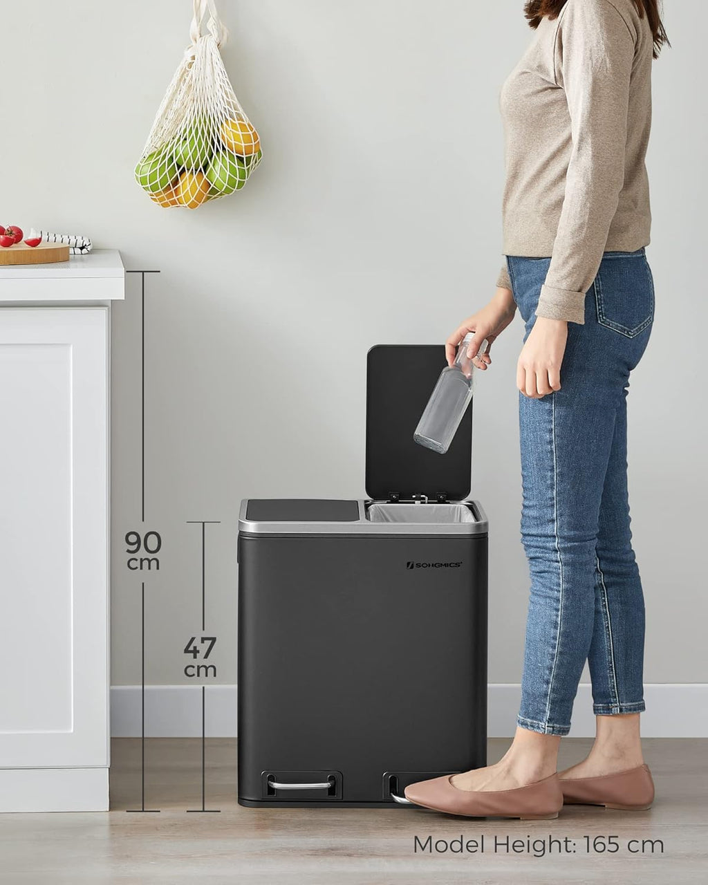 SONGMICS Cos de gunoi din inox cu 2 compartimente colectare selectiva, cu galeti interioare, 2x15litri, negru