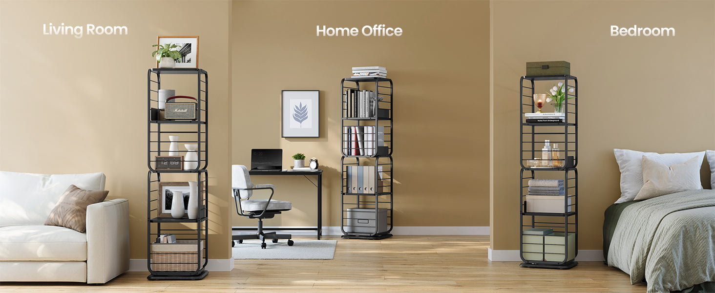 VASAGLE Biblioteca rotativa 360 grade, cadru metalic, cu 5 polite MDF, 43x43x158cm, negru