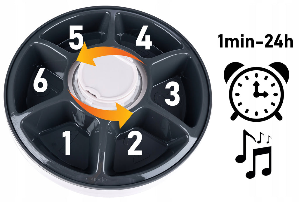 Hranitor automat pentru caini si pisici, sunet hranire, capacitate dispenser 6x70gr, cu display digital