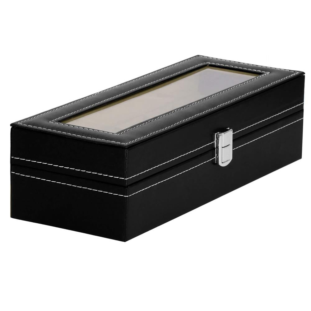 Cutie depozitare si organizare ceasuri, MDF, piele ecologica, 30x11x8cm, negru