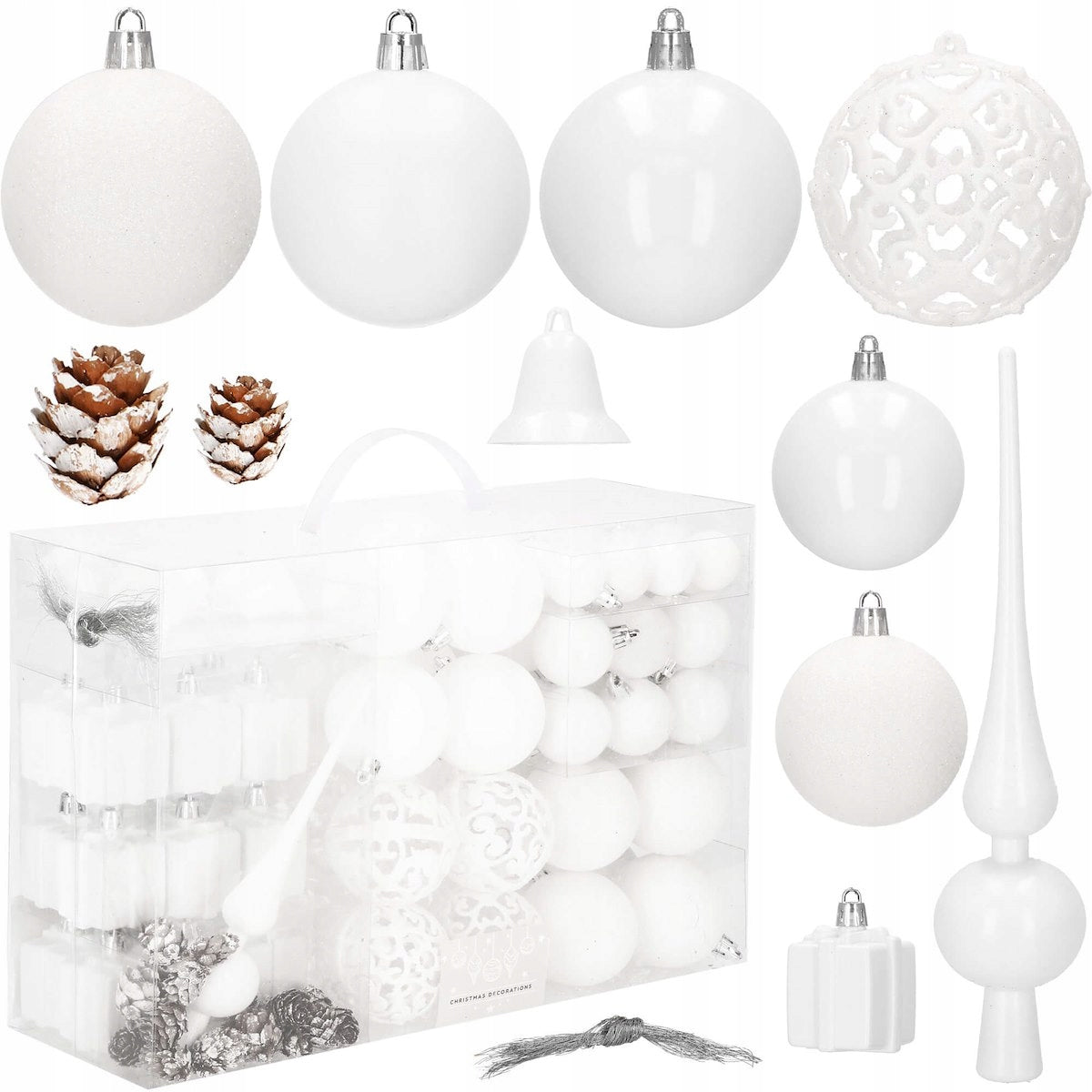 Set globuri si decoratiuni de Craciun, 101 piese, diverse dimensiuni, alb