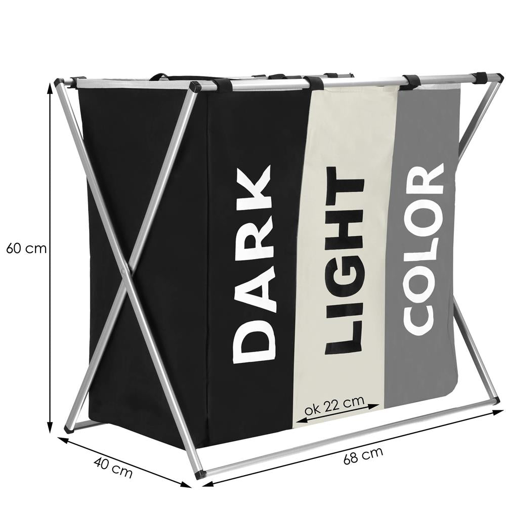 Cos de rufe cu 3 compartimente, cadru aluminiu, 60x40x68cm, 146 litri