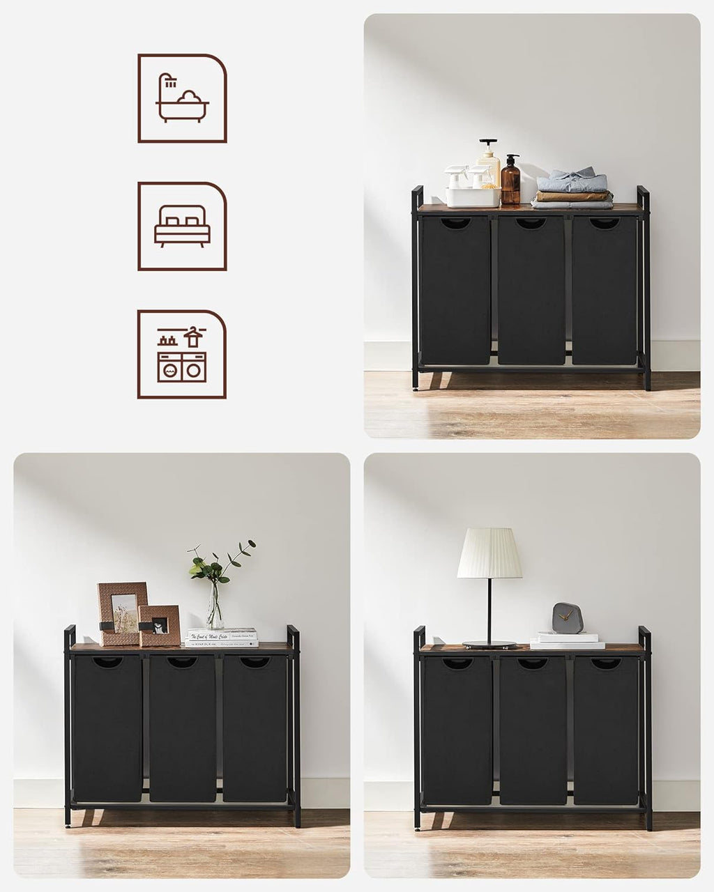 VASAGLE Cos de rufe, 3 compartimente, saci de rufe detasabili, raft, cadru metalic, 3x38L, 93x33x72 cm, maro rustic si negru