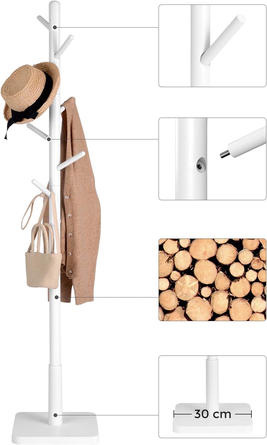 VASAGLE Cuier pentru haine, din lemn masiv, tip pom, cu 8 carlige, baza patrata, 175cm, alb