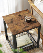 VASAGLE Masa de cafea laterala, tip noptiera, cu cadru metalic, 45x45x55cm, maro rustic si negru