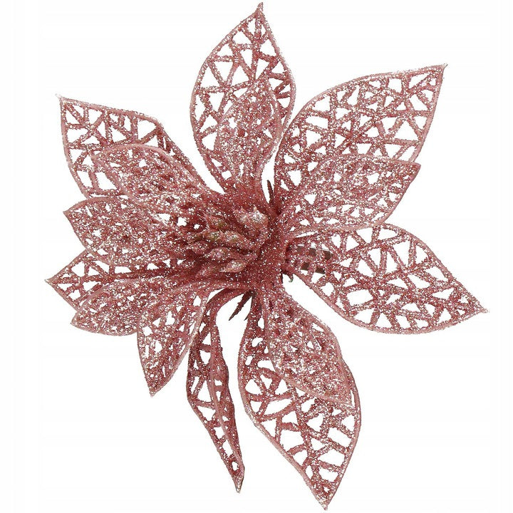 Set 10 ornamente pentru bradul de Craciun, stea Poinsettia, 10cm, roz
