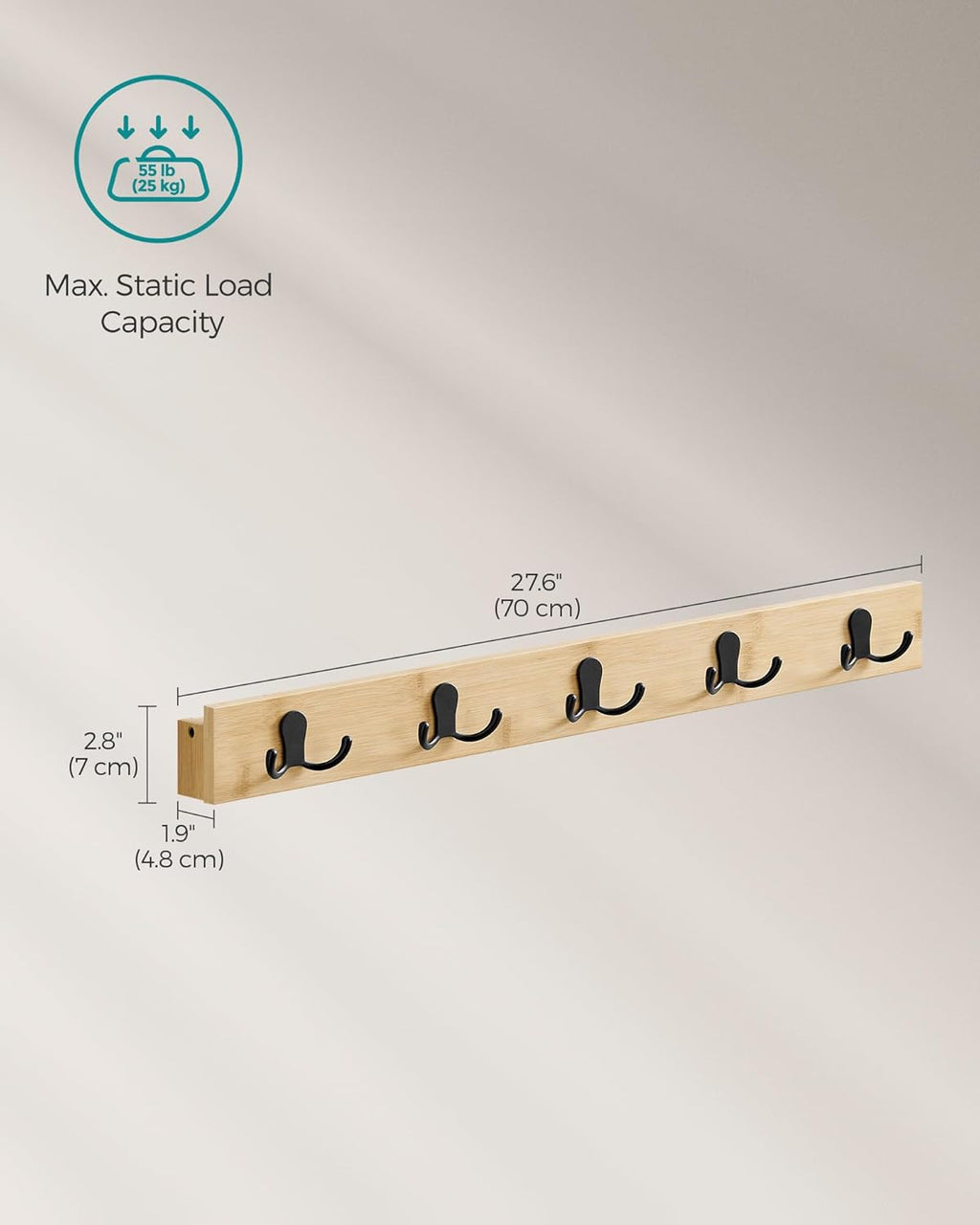 SONGMICS Cuier de perete pentru hol sau baie, 5 carlige duble, 5x70x7 cm, maro natural