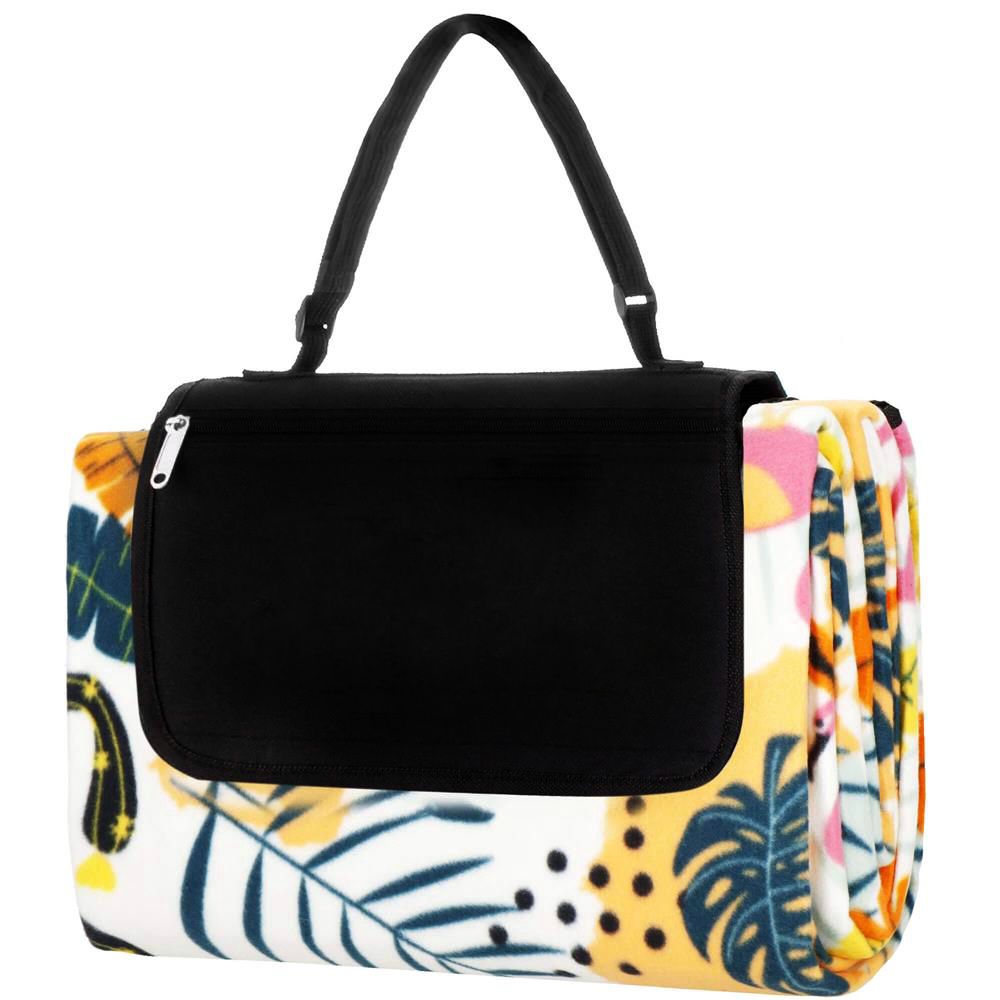 Patura pentru picnic sau plaja, cu folie izolatoare si maner, 150x200cm, model tropical, alb verde