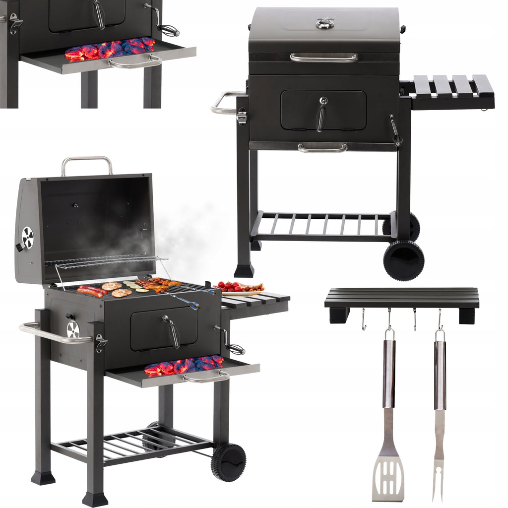 Gratar dreptunghiular pe carbuni, cu suport lateral si termometru capac, 115x60x108cm