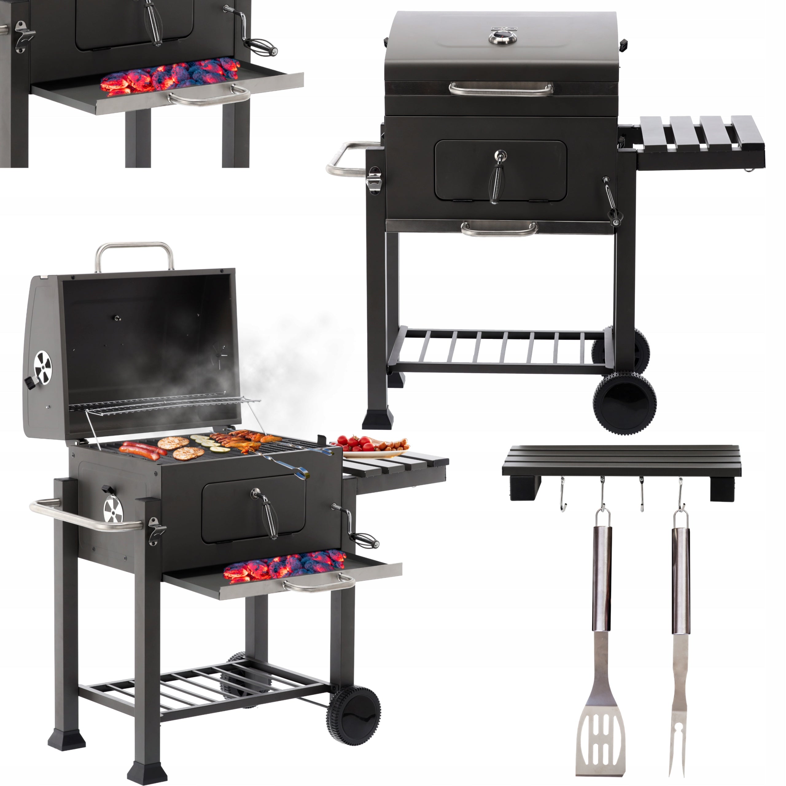 Gratar dreptunghiular pe carbuni, cu suport lateral si termometru capac, 115x60x108cm