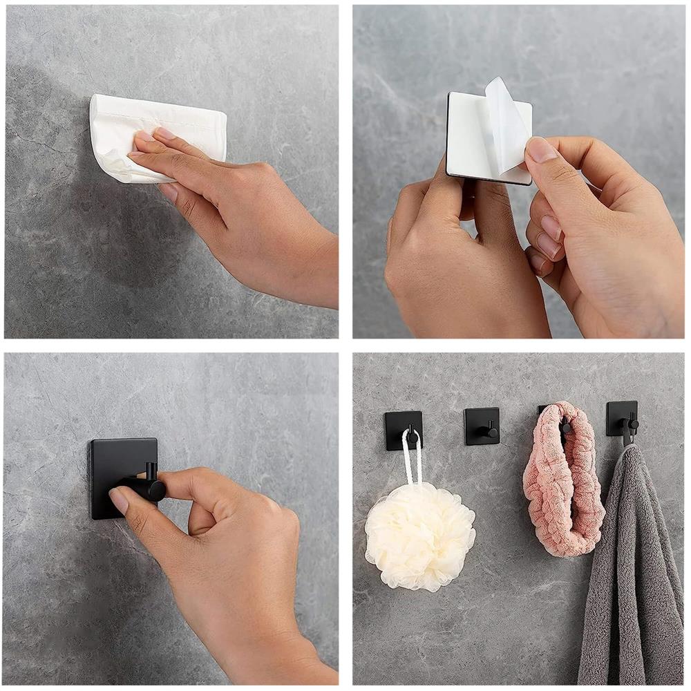 Set 4 agatatori tip cuier pentru baie, sistem fixare inclus, aluminiu, negru