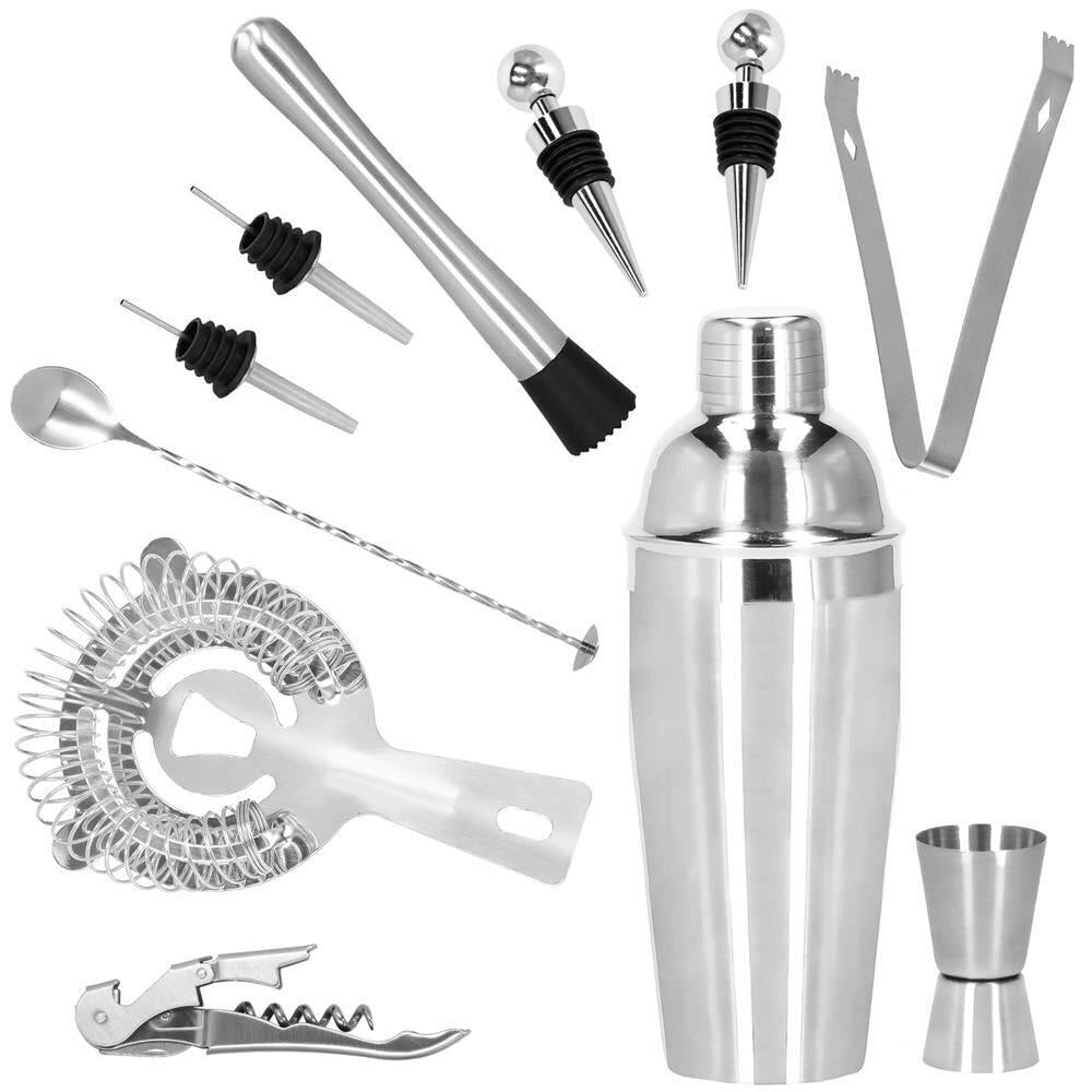 Set Cocktail Shaker Kit pentru barmani 750ml, KI12, suport bambus, 12 piese