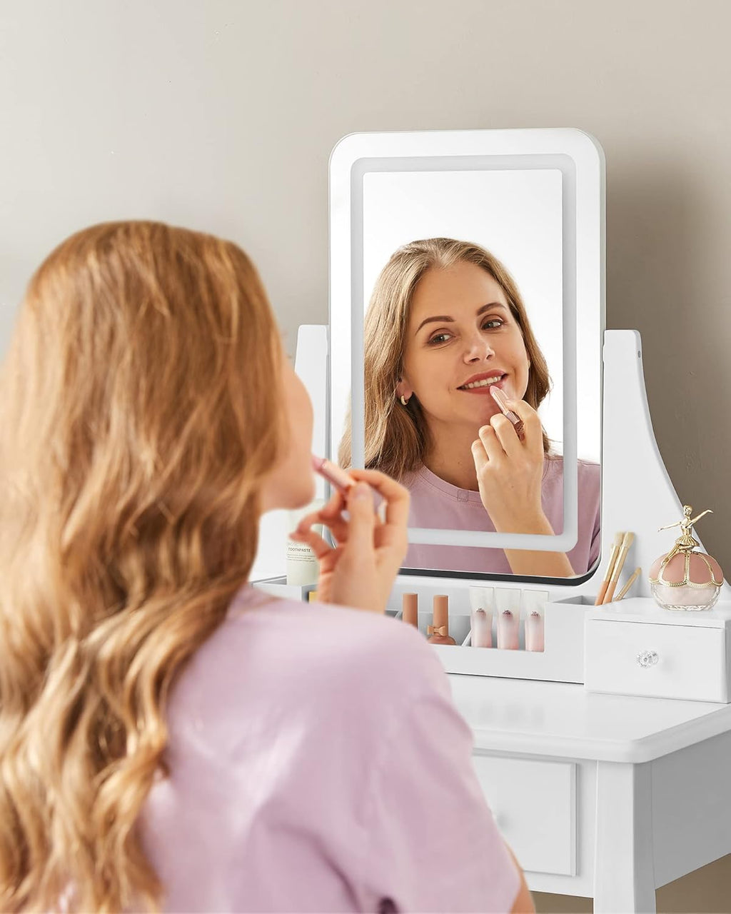 VASAGLE Masa de toaleta cu taburet, oglinda rotativa 360°, iluminare LED reglabila, 80x40x138 cm, alb