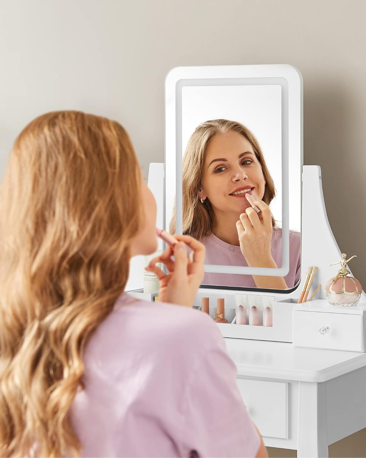 VASAGLE Masa de toaleta cu taburet, oglinda rotativa 360°, iluminare LED reglabila, 80x40x138 cm, alb