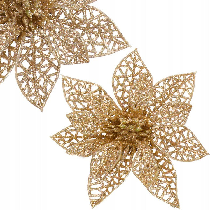 Set 10 ornamente pentru bradul de Craciun, stea Poinsettia, 14cm, auriu