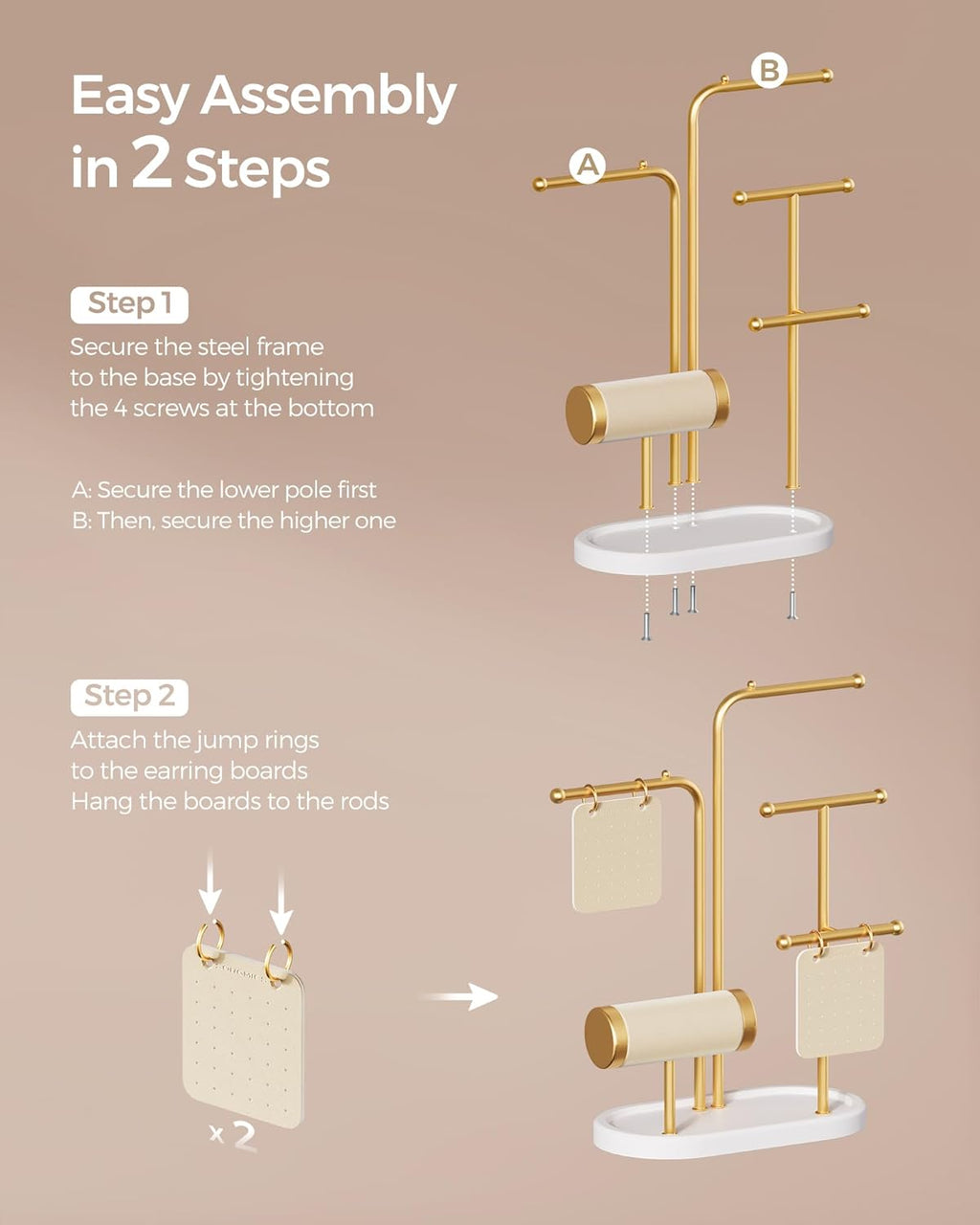 SONGMICS Stand suport pentru depozitare si expunere bijuterii, otel, 11x20x32 cm, auriu