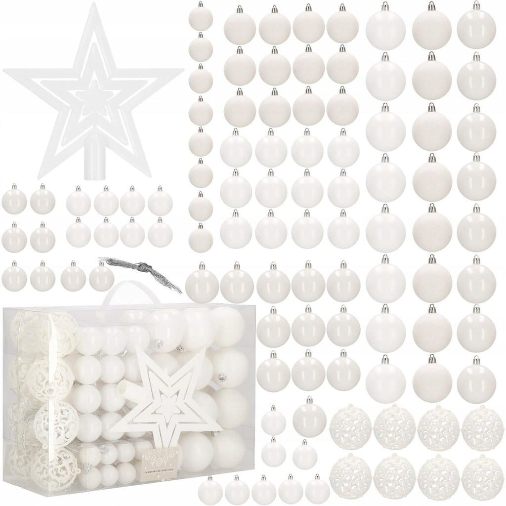 Set globuri si decoratiuni de Craciun, 100 piese, diverse dimensiuni cu stea, alb
