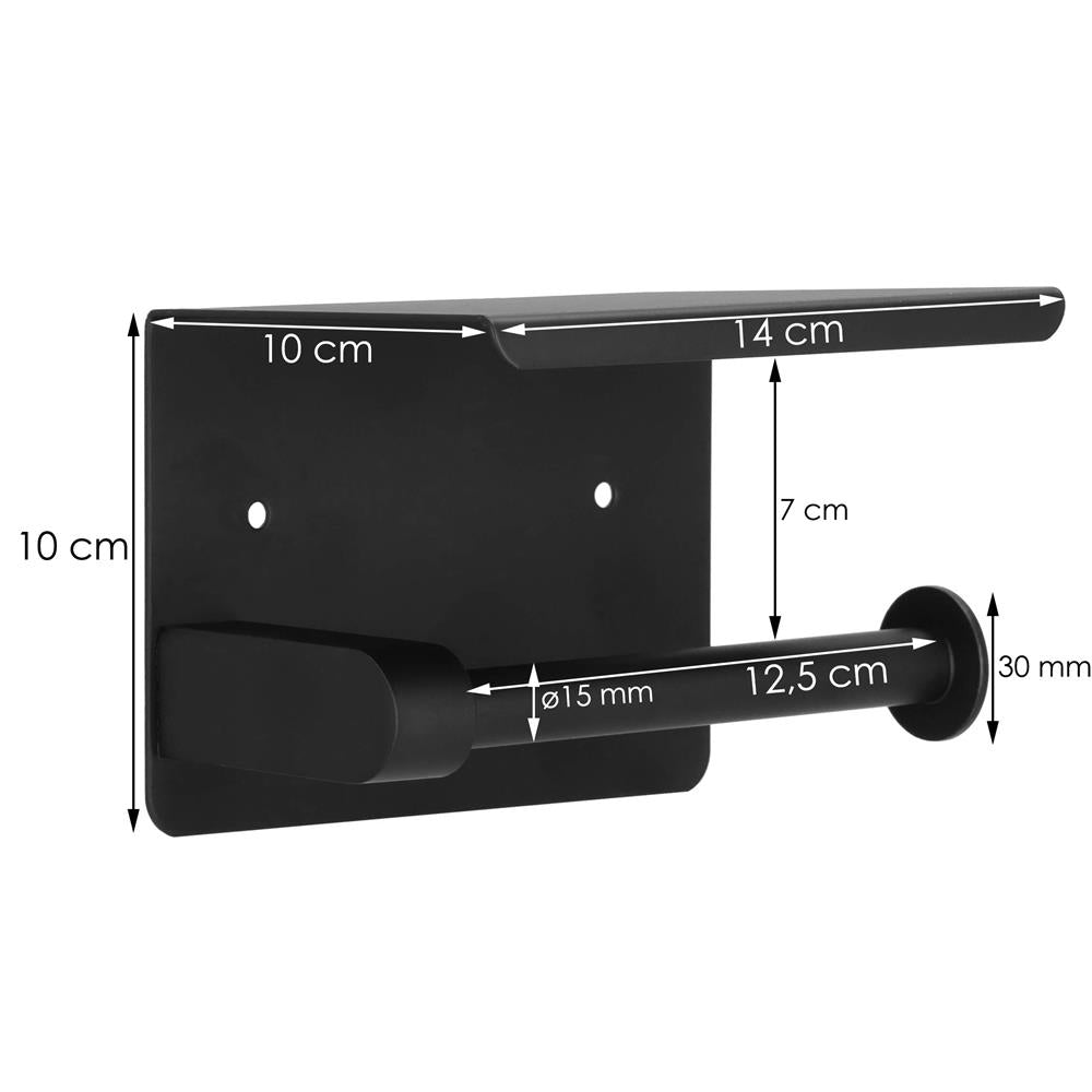 Suport hartie igienica din otel cu raft depozitare, prindere fara gaurire, 14cm, negru