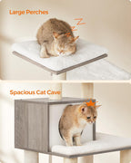 FEANDREA Ansamblu de joaca pisici, tip copac, cu culcusuri, ascunzatoare si hamac, 55x45x138 cm, alb si gri