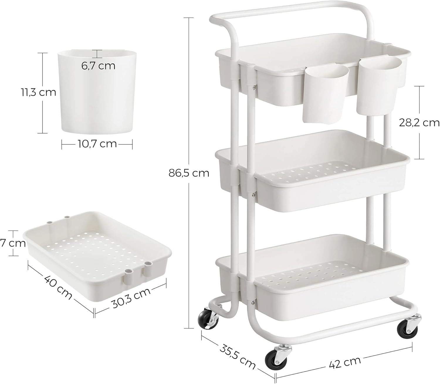 SONGMICS Carucior de depozitare pe roti, pentru bucatarie sau baie, cu 3 nivele, 42x34x86 cm, alb