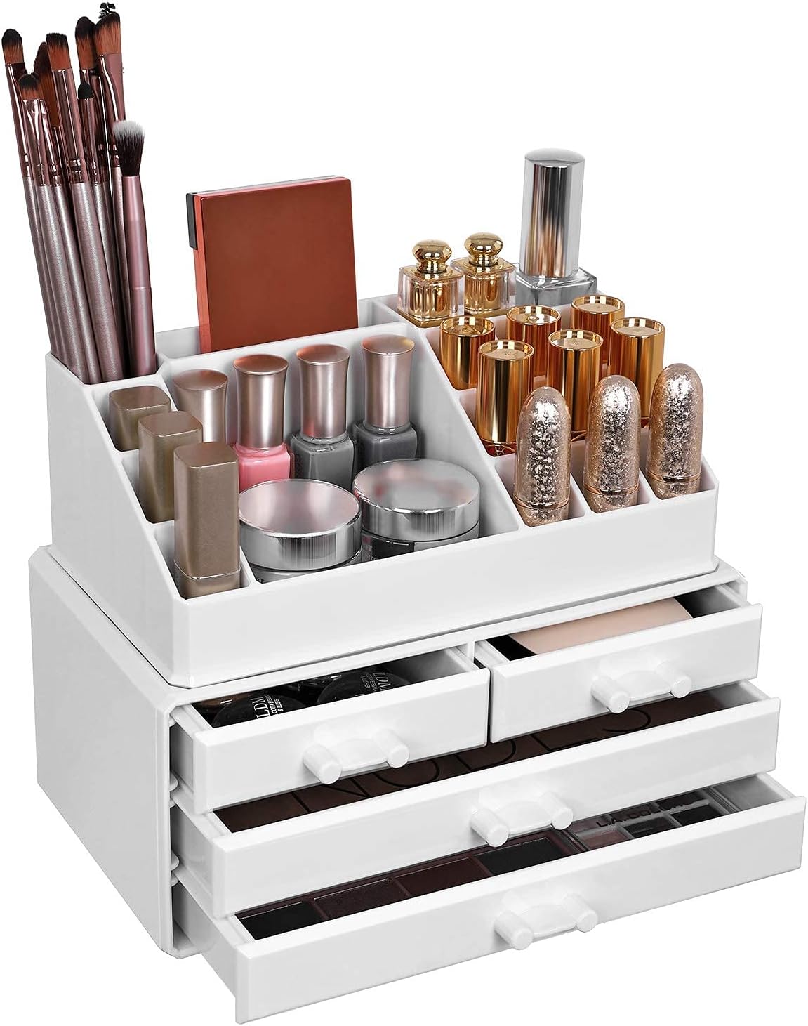 SONGMICS Organizator de cosmetice, cu 4 sertare si 16 compartimente de diferite dimensiuni, 24x14x19cm, alb