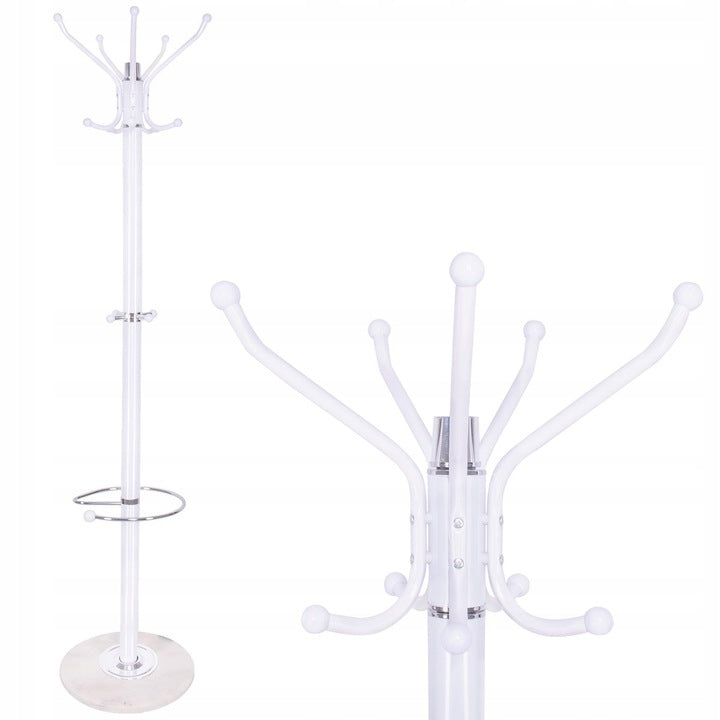 Cuier tip pom din metal cu baza de marmura, 14 agatatoare, 176cm, alb