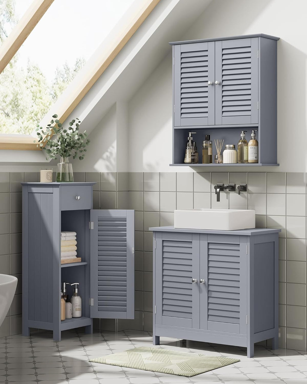 VASAGLE Dulap de depozitare de podea pentru baie, din lemn cu sertar, usa cu lamele, 32x30x87cm, gri