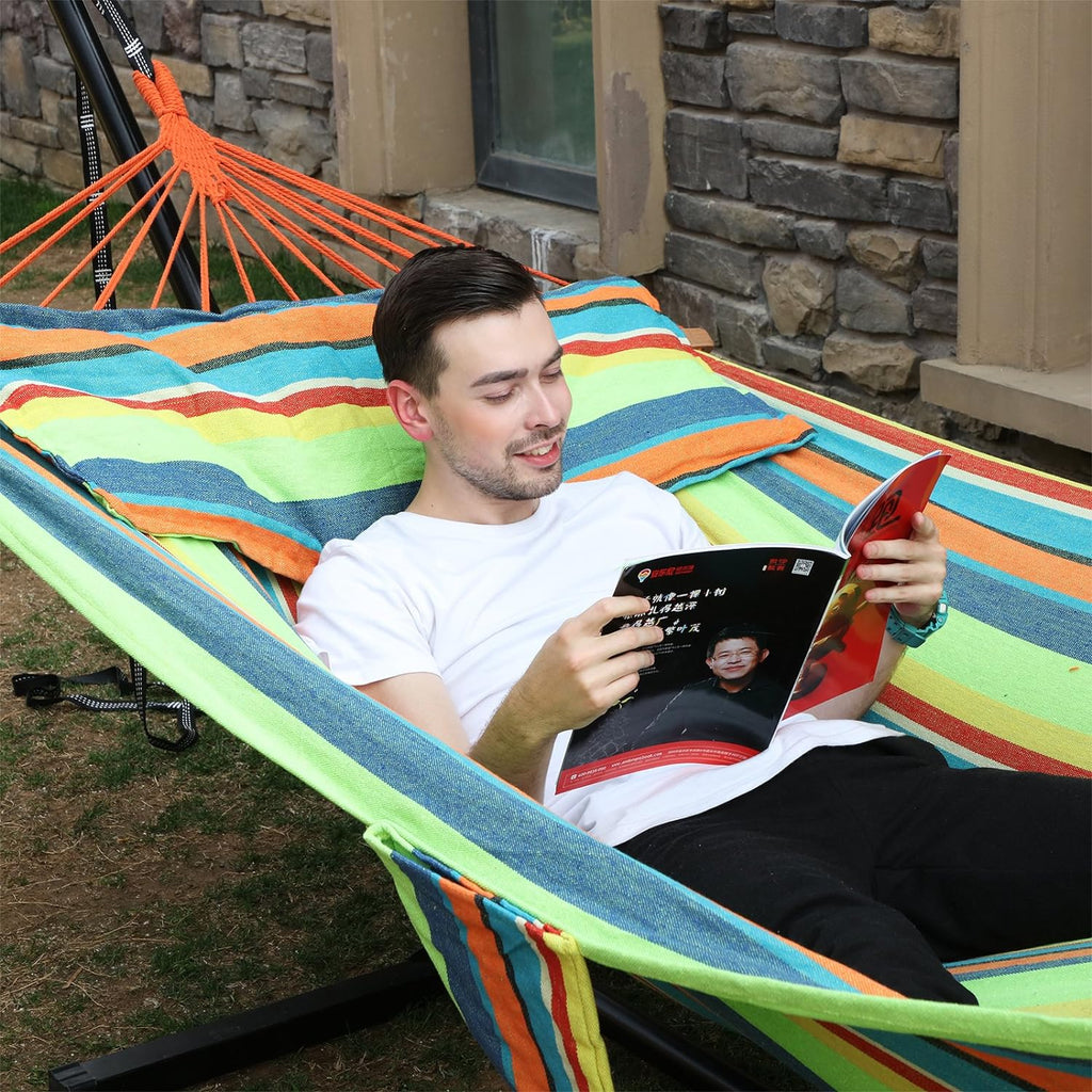 SONGMICS Hamac dublu cu bara lemn, perne incluse, maxim 300 kg, 210x150 cm, multicolor