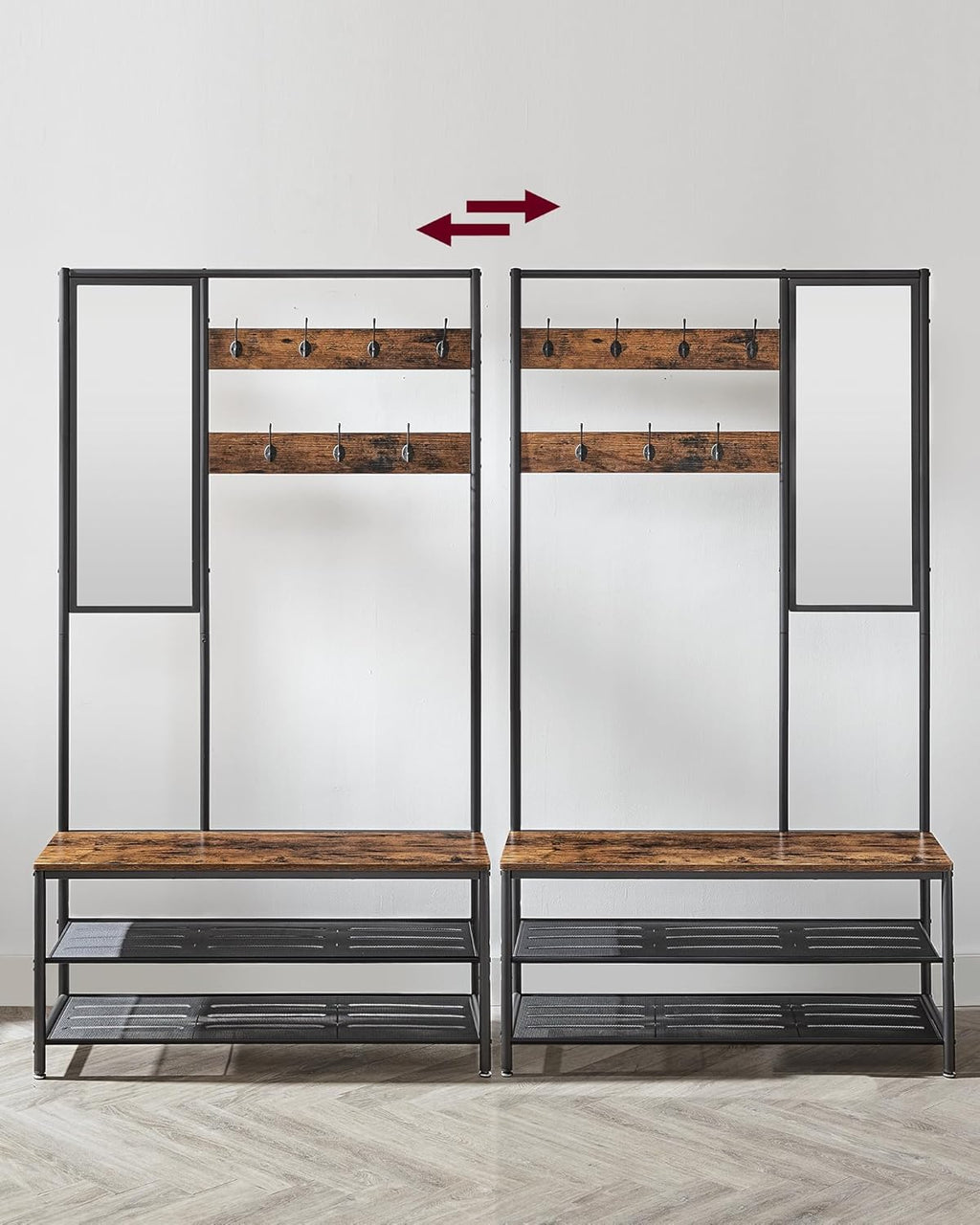 VASAGLE Cuier cu rafturi depozitare pantofi si oglinda, industrial, 35x98x180 cm, maro rustic si negru