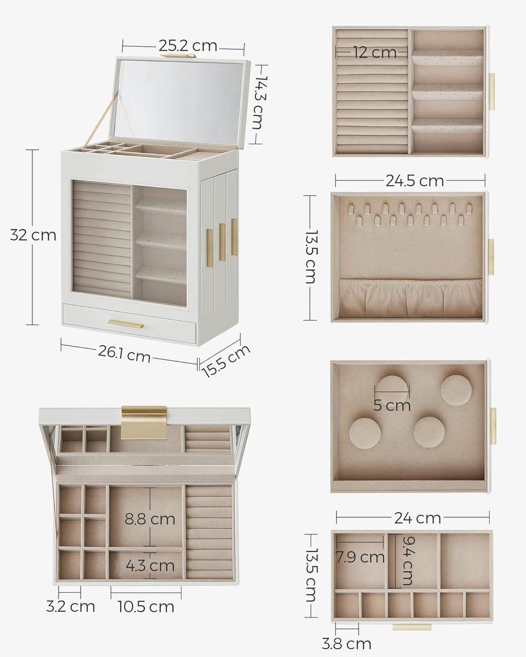 SONGMICS Cutie de bijuterii cu 3 sertare laterale, fereastra si oglinda mare, 16x26x32 cm, alb