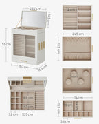 SONGMICS Cutie de bijuterii cu 3 sertare laterale, fereastra si oglinda mare, 16x26x32 cm, alb