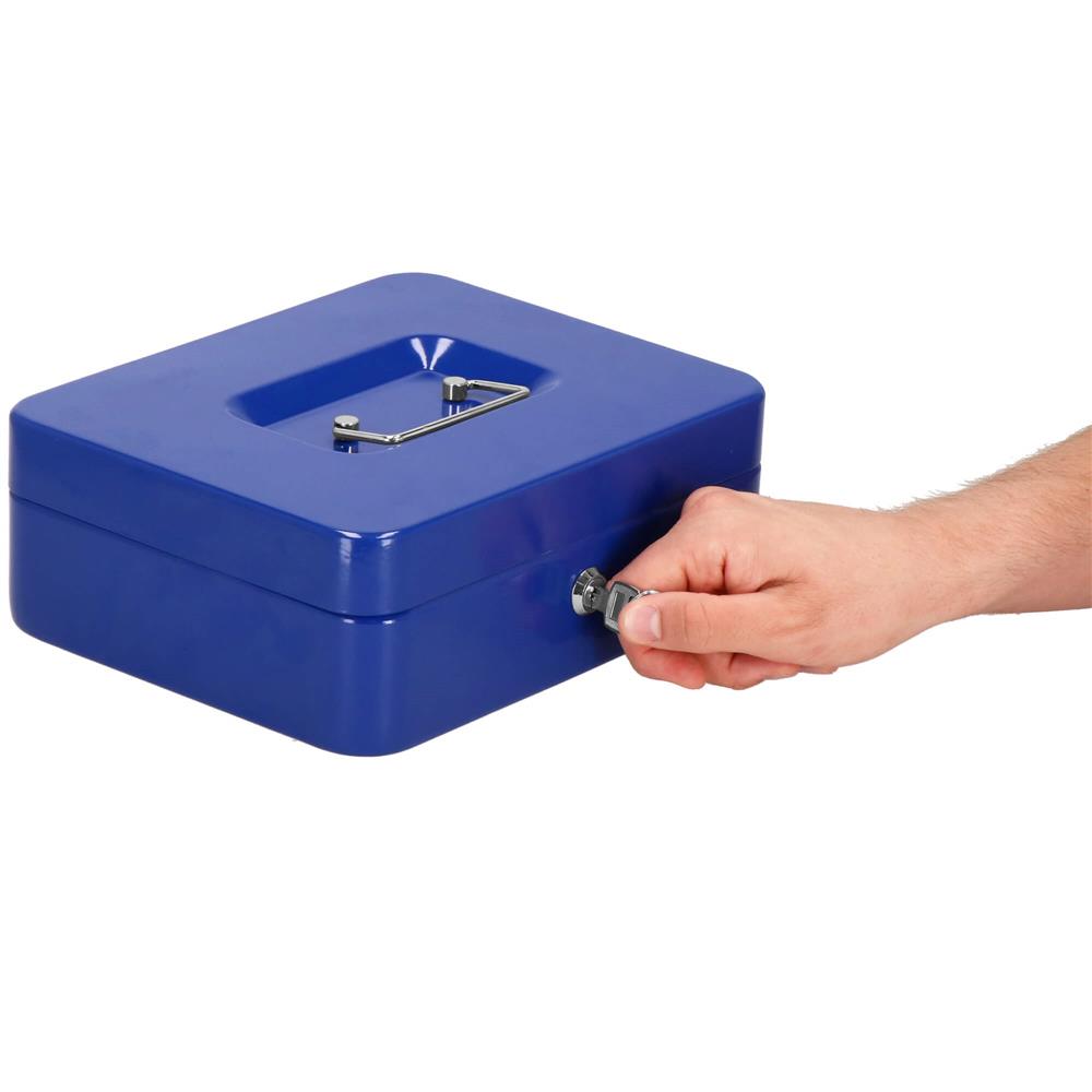 Caseta pentru bani tip cutie de valori, compartimentanta, cu cheie, metal, 25x20x9cm, albastru