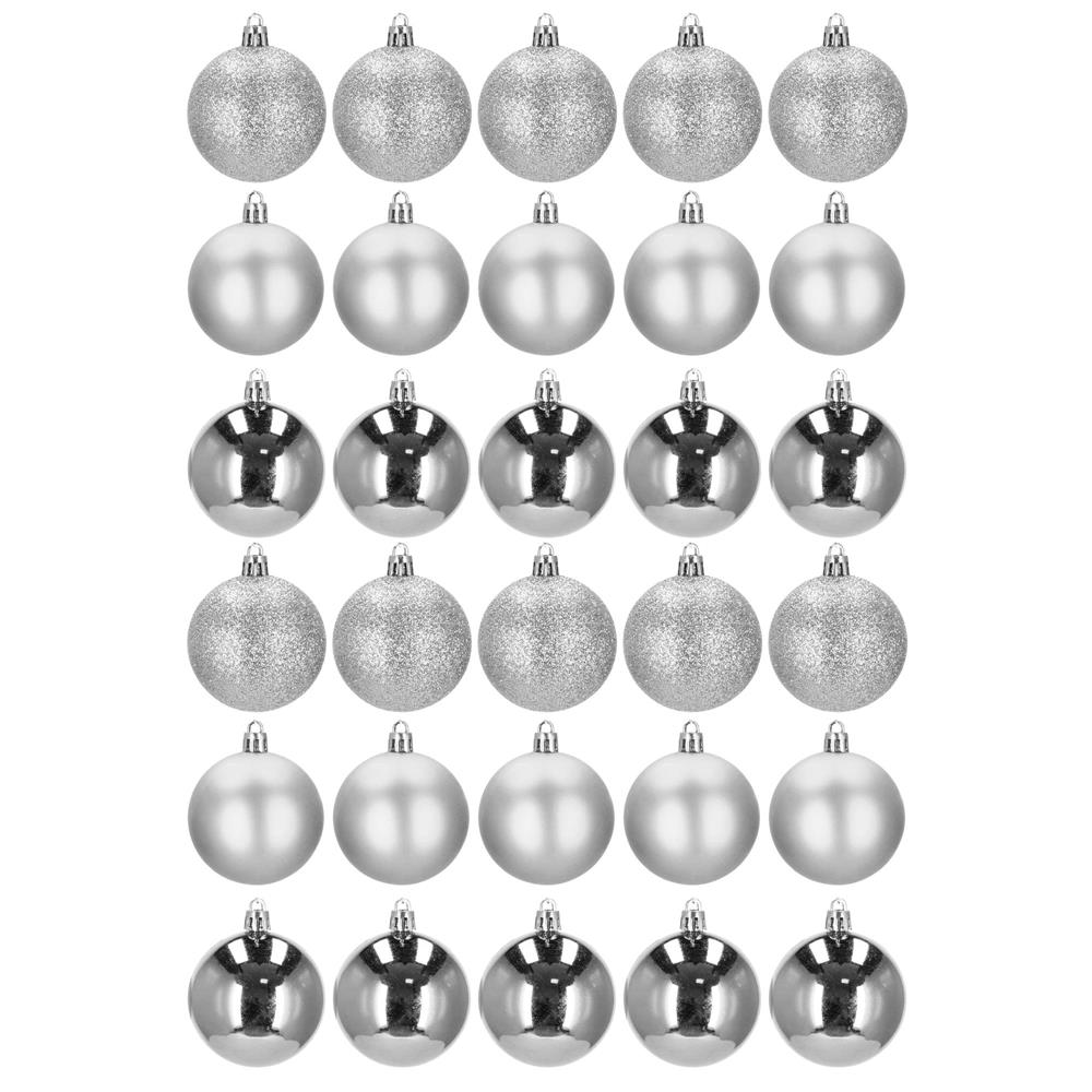 Set globuri de Craciun, 30 bucati, 3 modele, 6cm, argintiu