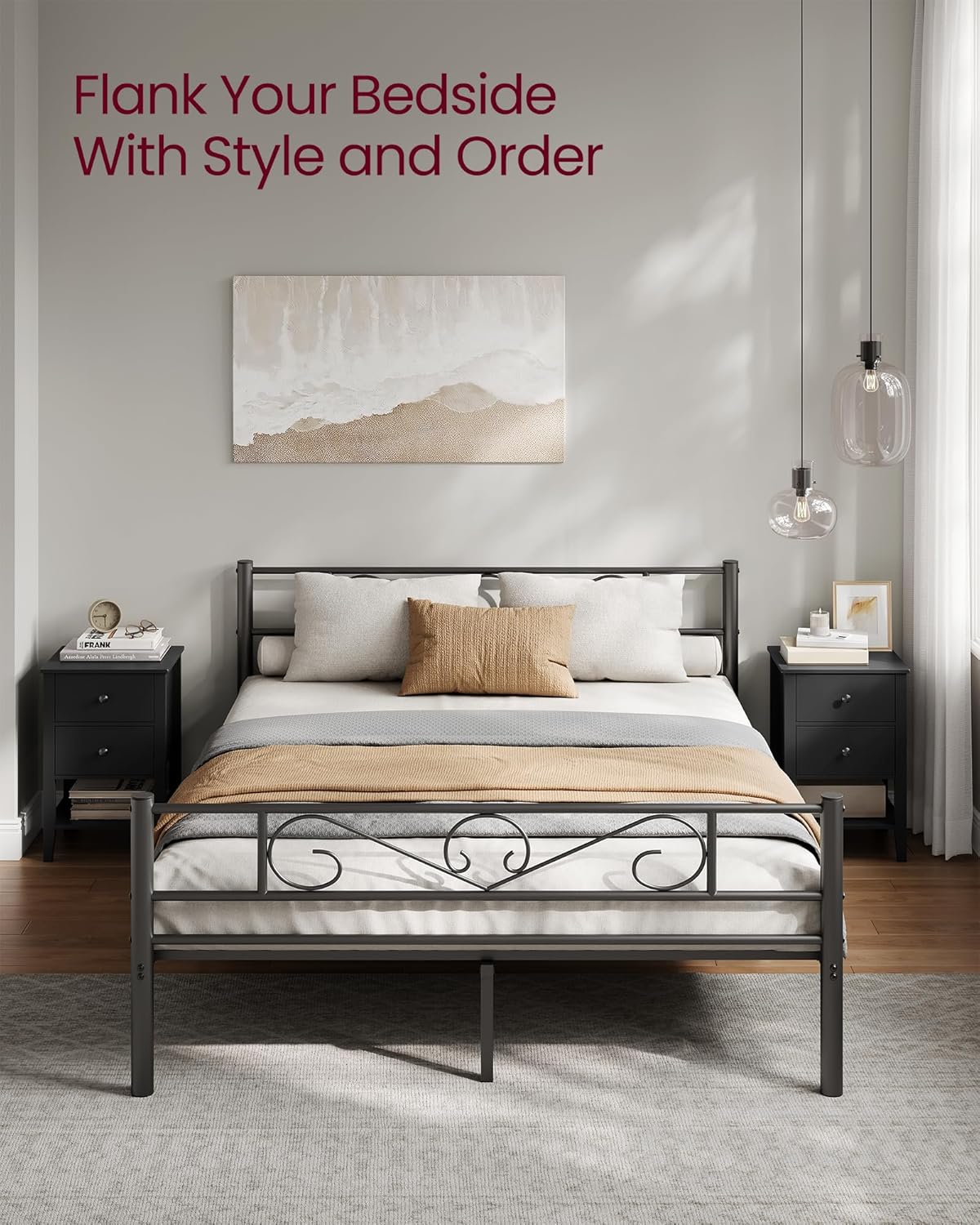 VASAGLE Set de 2 noptiere din bambus, cu 2 sertare, 35x40x60 cm, negru