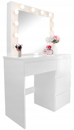 Masa de toaleta si machiaj Hollywood Pro, alba, cu 4 sertare, oglinda si 12 LED-uri, 90x40x140 cm