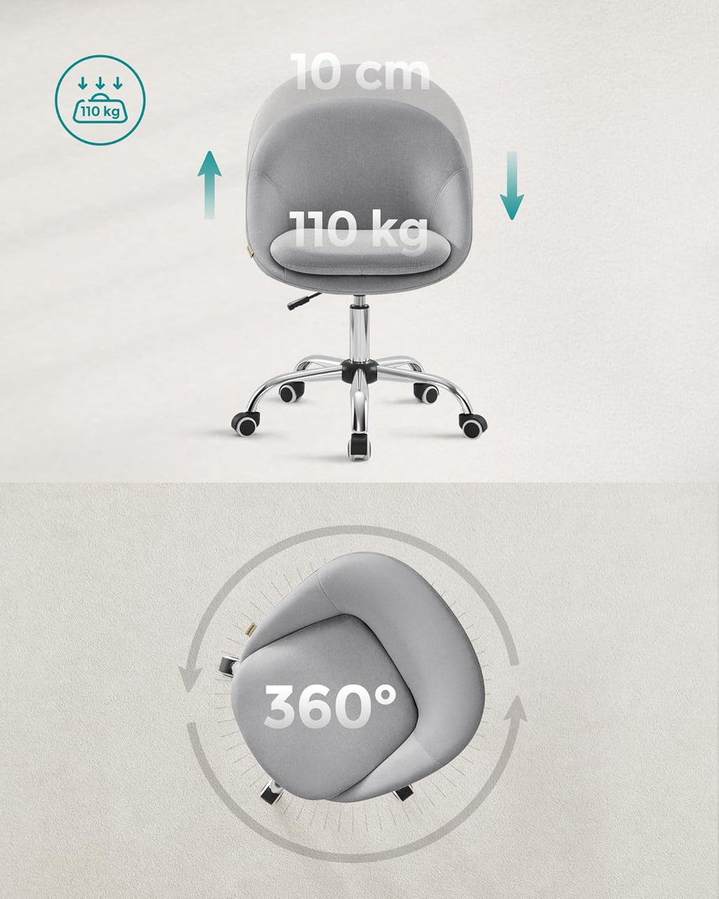 SONGMICS Scaun de birou ergonomic, inaltime reglabila, 60x60x(80-90) cm, gri