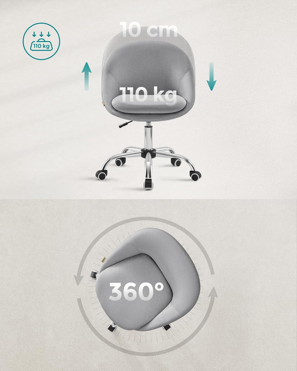 SONGMICS Scaun de birou ergonomic, inaltime reglabila, 60x60x(80-90) cm, gri